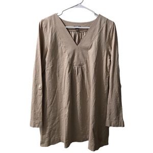 J. Jill Tunic Top, Cotton Boho Long Natural V Neck Roll Tab Sleeves Beige Medium